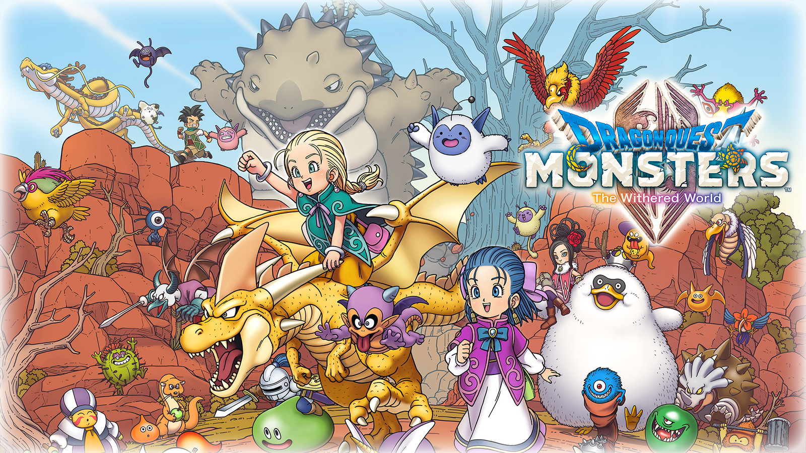 Färgglada monster och ett äventyrslandskap från Dragon Quest Monsters: The Withered World.