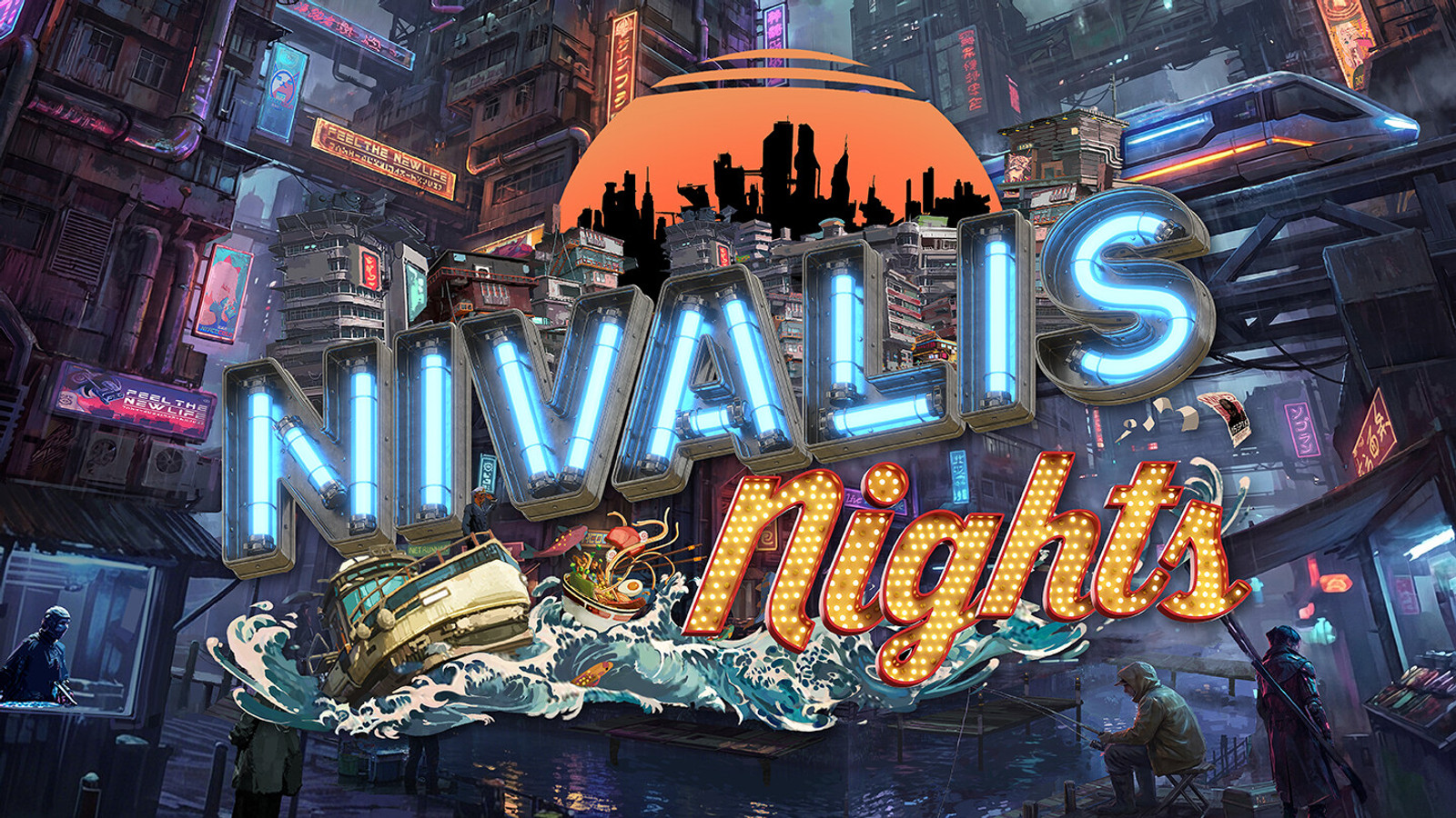 Nivalis Nights visar en neonupplyst cyberpunkstad i en officiell spelbild